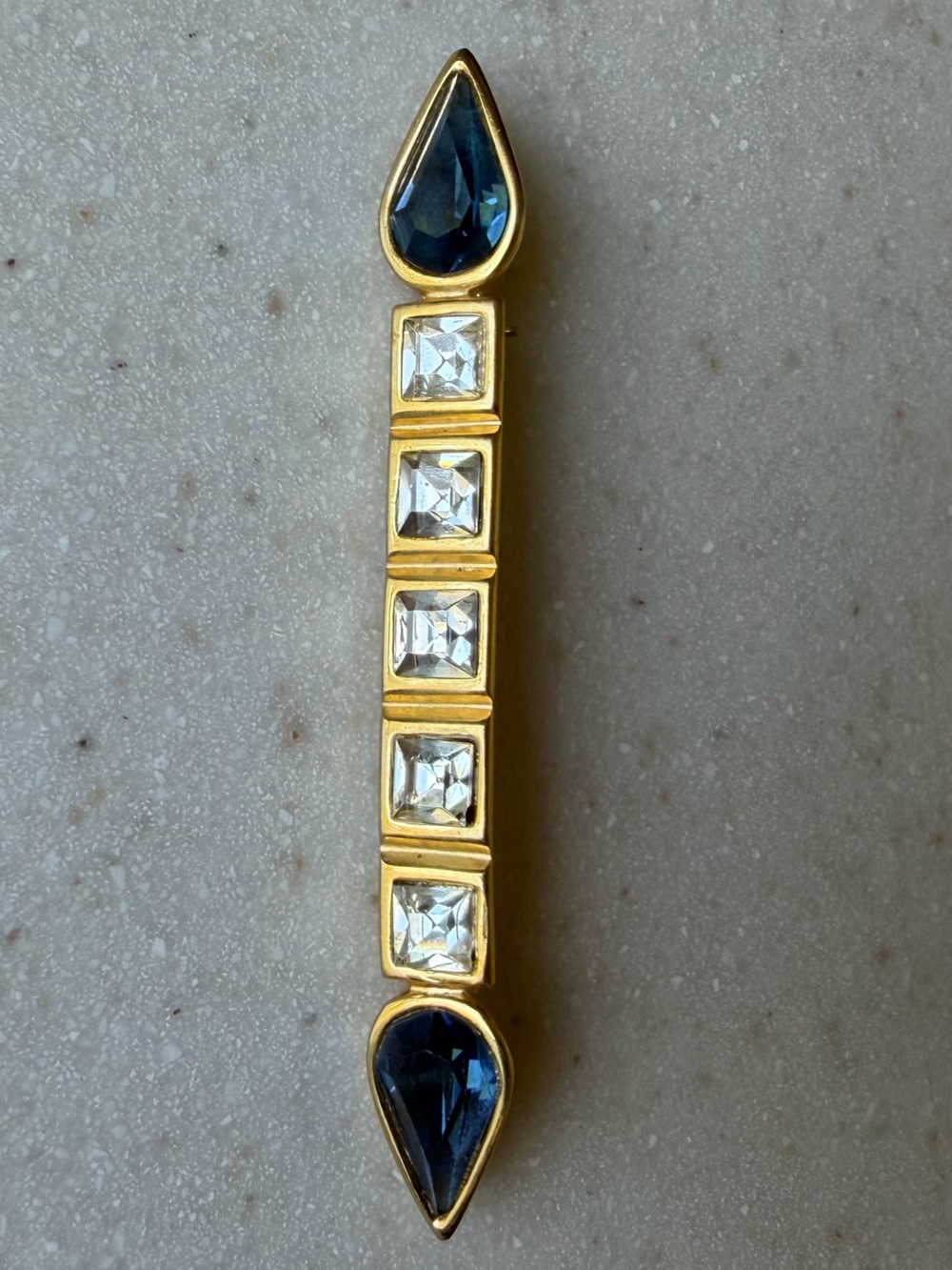 Vintage 90s Bar Pin / Gold tone with blue and clear crystals Geometric Art Deco
